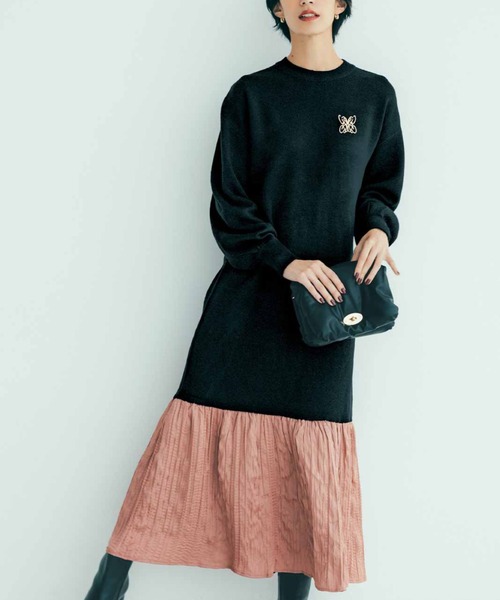 ＩＥＤＩＴ ブローチ付き すそプリーツ切り替えのニットワンピース（ワンピース）｜IEDIT（イディット） 8,690円