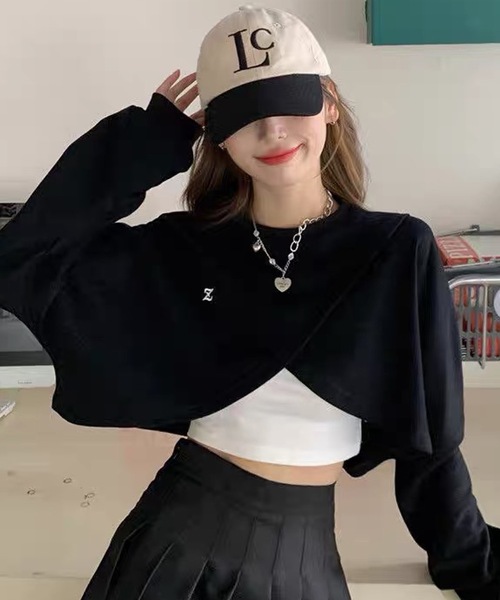 shopnikoniko(ショップニコニコ)の「ショート丈 クロスラップ トレーナー Zロゴ カシュクール ロングTシャツ(スウェット・レディース・ブラック/グレー・フリー)」の2枚目の写真