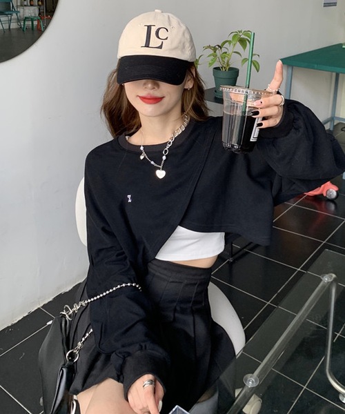 shopnikoniko(ショップニコニコ)の「ショート丈 クロスラップ トレーナー Zロゴ カシュクール ロングTシャツ(スウェット・レディース・ブラック/グレー・フリー)」の4枚目の写真