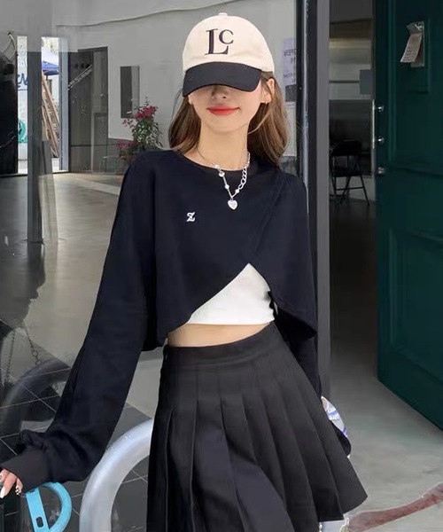 shopnikoniko(ショップニコニコ)の「ショート丈 クロスラップ トレーナー Zロゴ カシュクール ロングTシャツ(スウェット・レディース・ブラック/グレー・フリー)」の5枚目の写真