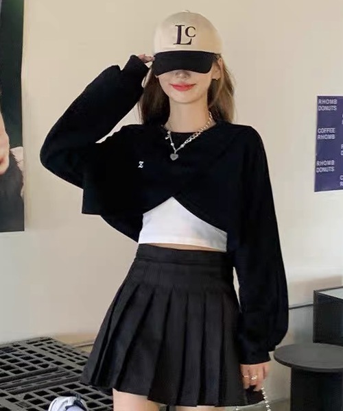 shopnikoniko(ショップニコニコ)の「ショート丈 クロスラップ トレーナー Zロゴ カシュクール ロングTシャツ(スウェット・レディース・ブラック/グレー・フリー)」の7枚目の写真