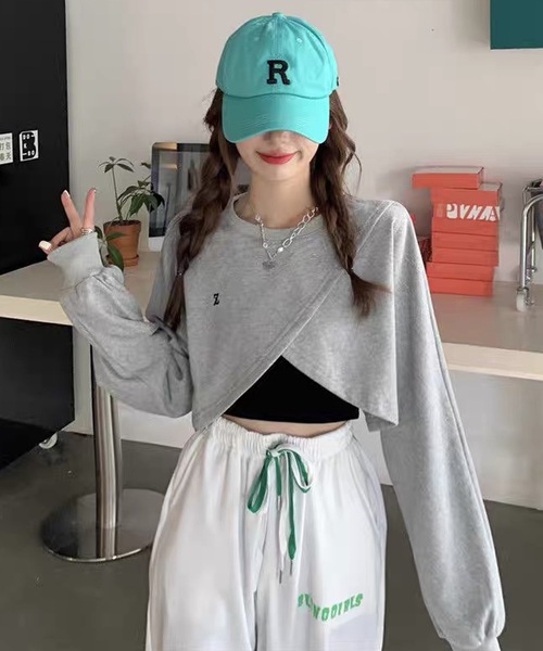 shopnikoniko(ショップニコニコ)の「ショート丈 クロスラップ トレーナー Zロゴ カシュクール ロングTシャツ(スウェット・レディース・ブラック/グレー・フリー)」の11枚目の写真