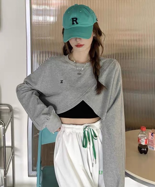 shopnikoniko(ショップニコニコ)の「ショート丈 クロスラップ トレーナー Zロゴ カシュクール ロングTシャツ(スウェット・レディース・ブラック/グレー・フリー)」の12枚目の写真