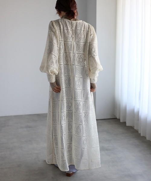 セール】ブロックレースボリュームスリーブスリットワンピース