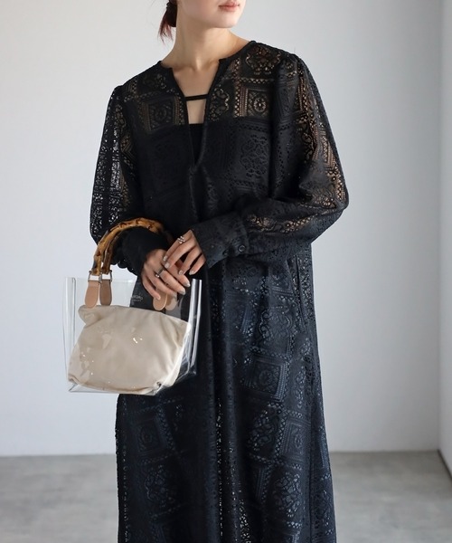 セール】ブロックレースボリュームスリーブスリットワンピース