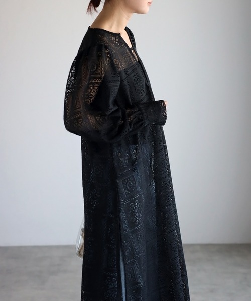 セール】ブロックレースボリュームスリーブスリットワンピース