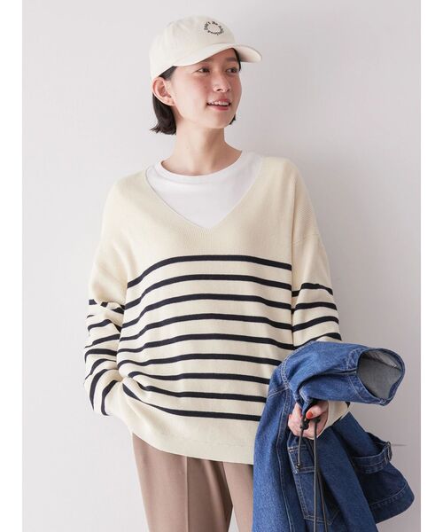 2017SS★美品★NOBLE 片畦Vネックニットプルオーバー 定価12，960円 ピンク 春 夏 リネン 麻 スピックアンドスパン ノーブル セールVネック片畦ニットプルオーバー（ニット⁄セーター）｜AMERICAN