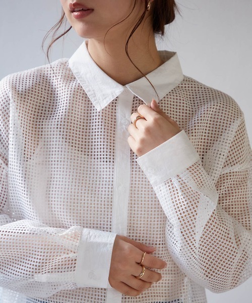 ◆boohoo◆ クリンクルビスコース ロングスリーブ シャツ/ white セール】パイピングロングスリーブメッシュシャツ（シャツ