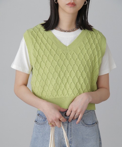 FREE'S MART（フリーズマート）の「Vネックニットベスト（ベスト・レディース・ライトグリーン/ブラック/オフホワイト・FREE）」の3枚目の写真