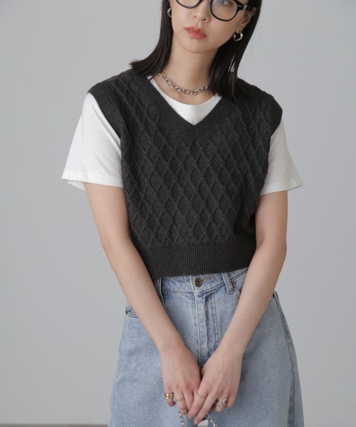 FREE'S MART（フリーズマート）の「Vネックニットベスト（ベスト・レディース・ライトグリーン/ブラック/オフホワイト・FREE）」の7枚目の写真