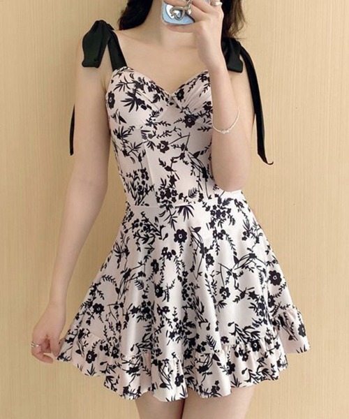 ★体型カバー 花柄 ガーリー ワンピース水着/送料込 水着 ワンピース 花柄 レース 体型カバー ガーリー 編み上げ 白