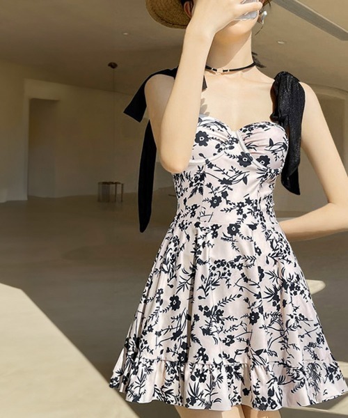 ★体型カバー 花柄 ツートーン エレガントワンピース水着/送料込 セール】カバーアップパンツ付花柄ワンピース 水着2点セット