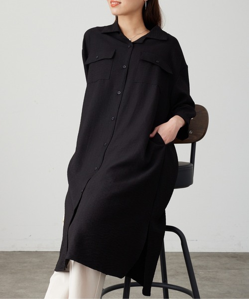 Chez toi（シェトワ）の「Wポケット開襟シャツワンピース（シャツワンピース・レディース・カーキ/ブラック/ベージュ/オフホワイト・FREE）」の3枚目の写真