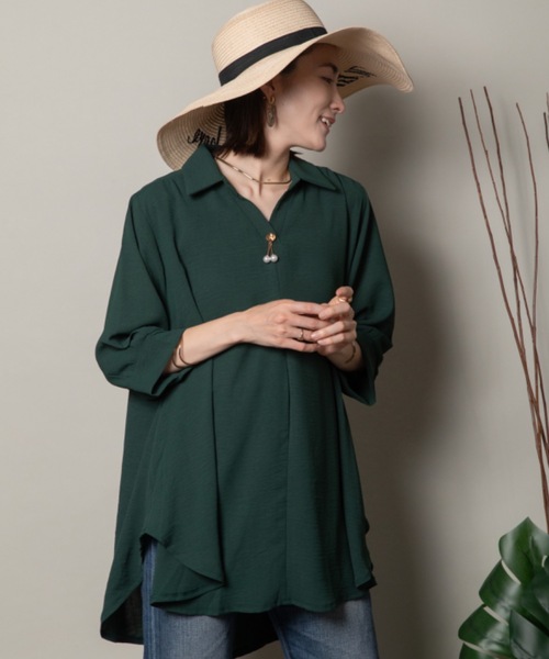 MHBG TOKYO(エムエイチビージートーキョー)の「オープンカラースキッパーシャツ モチーフ付き(シャツ/ブラウス・レディース・イエロー/マスタード/グリーン系その他/レッド/グリーン/チャコールグレー/ブラック・FREE)」の4枚目の写真