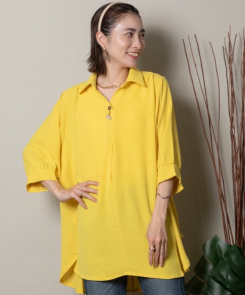 MHBG TOKYO(エムエイチビージートーキョー)の「オープンカラースキッパーシャツ モチーフ付き(シャツ/ブラウス・レディース・イエロー/マスタード/グリーン系その他/レッド/グリーン/チャコールグレー/ブラック・FREE)」の5枚目の写真