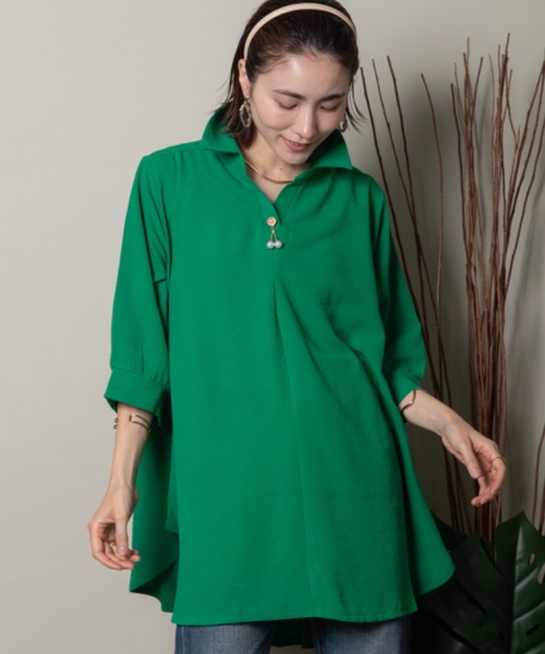 MHBG TOKYO(エムエイチビージートーキョー)の「オープンカラースキッパーシャツ モチーフ付き(シャツ/ブラウス・レディース・イエロー/マスタード/グリーン系その他/レッド/グリーン/チャコールグレー/ブラック・FREE)」の3枚目の写真