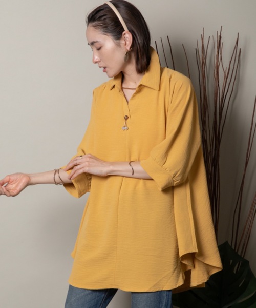 MHBG TOKYO(エムエイチビージートーキョー)の「オープンカラースキッパーシャツ モチーフ付き(シャツ/ブラウス・レディース・イエロー/マスタード/グリーン系その他/レッド/グリーン/チャコールグレー/ブラック・FREE)」の6枚目の写真