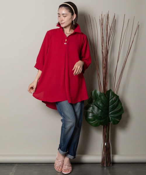 MHBG TOKYO(エムエイチビージートーキョー)の「オープンカラースキッパーシャツ モチーフ付き(シャツ/ブラウス・レディース・イエロー/マスタード/グリーン系その他/レッド/グリーン/チャコールグレー/ブラック・FREE)」の21枚目の写真