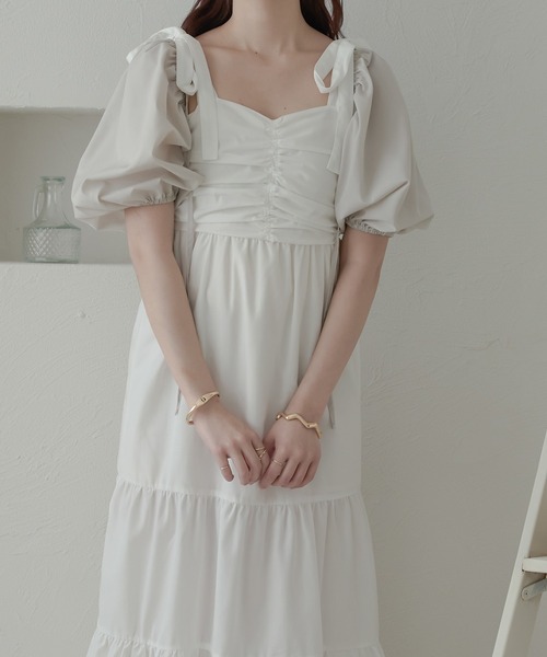 Ambre Neige（アンブルネージュ）の「ribbon gather camisole dress / リボンギャザーキャミワンピース（ワンピース・レディース・ブラック/オフホワイト・FREE）」の2枚目の写真