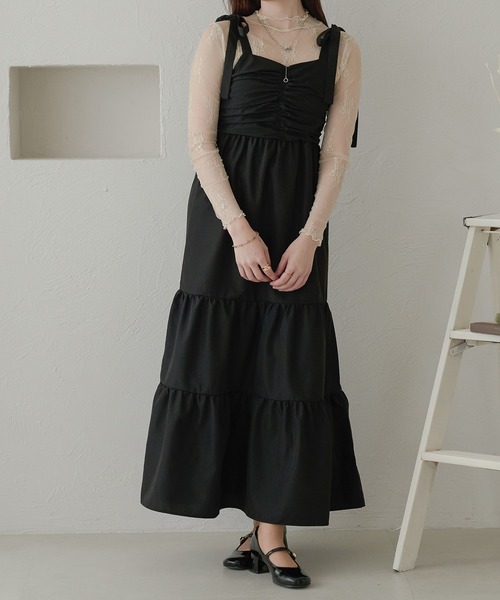 Ambre Neige（アンブルネージュ）の「ribbon gather camisole dress / リボンギャザーキャミワンピース（ワンピース・レディース・ブラック/オフホワイト・FREE）」の3枚目の写真