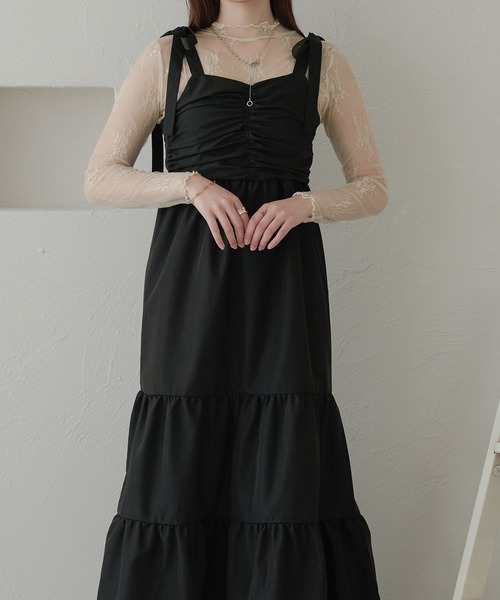 Ambre Neige（アンブルネージュ）の「ribbon gather camisole dress / リボンギャザーキャミワンピース（ワンピース・レディース・ブラック/オフホワイト・FREE）」の4枚目の写真