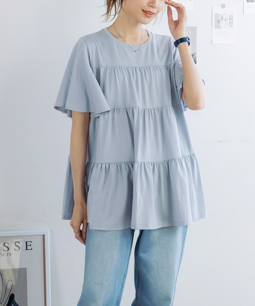 セール】フレア袖 Tシャツ ティアードチュニック 半袖
