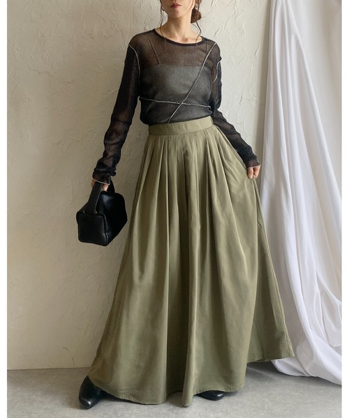 She's Closet(シーズクローゼット)の「Aラインハイウエストタック入りタフタボリュームフレアロングスカート(スカート・レディース・カーキ/ブラック/ベージュ/グレー・FREE)」の7枚目の写真