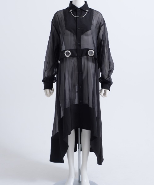 ililil(イルイルイル)の「『ililil/イルイルイル』【深淵纏羽】オーガンジー切り替えハトメロングシャツ(シャツ/ブラウス・メンズ・ブラック・FREE)」の2枚目の写真