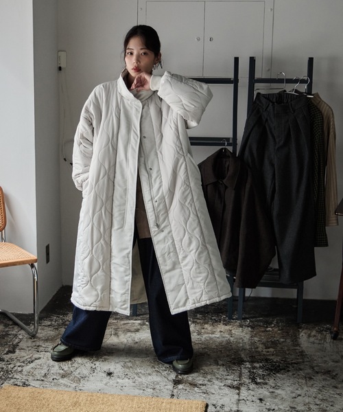 セール】キルティング切替オフラインロングコート（ダウンジャケット