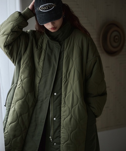 セール】キルティング切替オフラインロングコート（ダウンジャケット