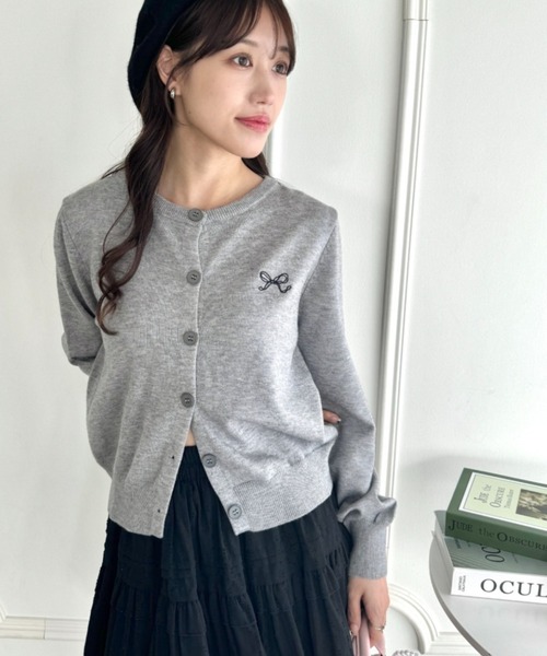 セール】リボン刺繍ワンポイントカーディガン（カーディガン/ボレロ