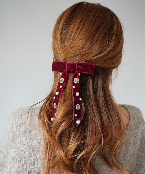 セール】【 Port / ポート 】 ベロア ＆ ビジュー ボリューム リボン