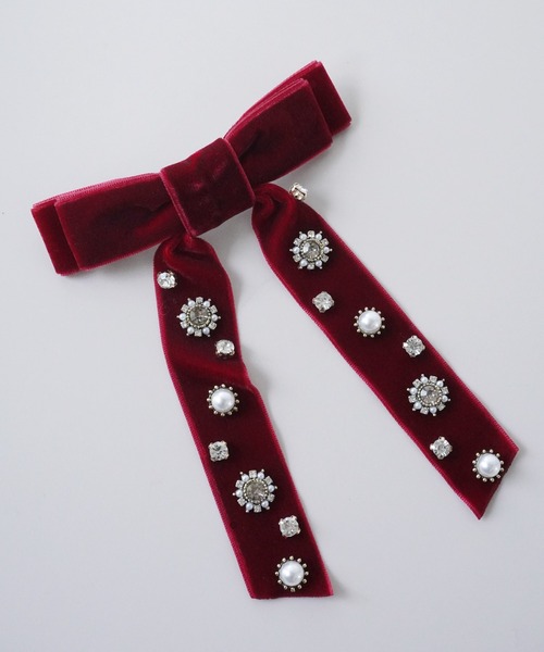 セール】【 Port / ポート 】 ベロア ＆ ビジュー ボリューム リボン