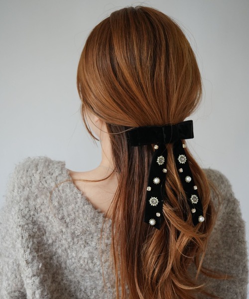 セール】【 Port / ポート 】 ベロア ＆ ビジュー ボリューム リボン