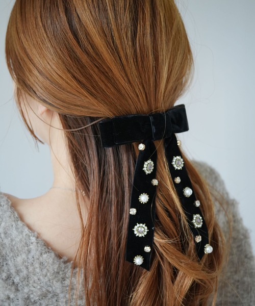 セール】【 Port / ポート 】 ベロア ＆ ビジュー ボリューム リボン