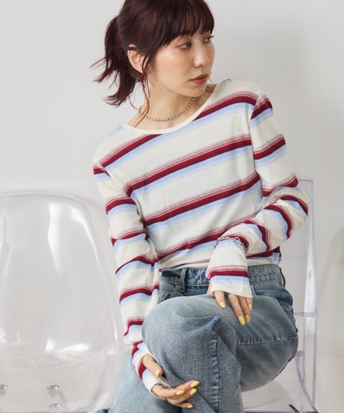 Auntie Rosa Holiday(アンティローザホリデー)の「マルチボーダーフィットロングスリーブTEE(Tシャツ/カットソー・レディース・オフホワイト/ブラック・FREE)」の3枚目の写真