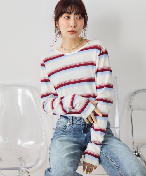 Auntie Rosa Holiday(アンティローザホリデー)の「マルチボーダーフィットロングスリーブTEE(Tシャツ/カットソー・レディース・オフホワイト/ブラック・FREE)」の5枚目の写真