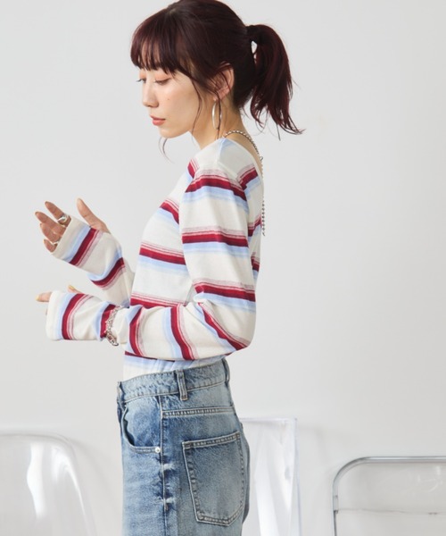 Auntie Rosa Holiday(アンティローザホリデー)の「マルチボーダーフィットロングスリーブTEE(Tシャツ/カットソー・レディース・オフホワイト/ブラック・FREE)」の6枚目の写真
