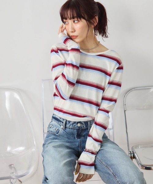 Auntie Rosa Holiday(アンティローザホリデー)の「マルチボーダーフィットロングスリーブTEE(Tシャツ/カットソー・レディース・オフホワイト/ブラック・FREE)」の4枚目の写真