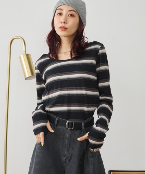 Auntie Rosa Holiday(アンティローザホリデー)の「マルチボーダーフィットロングスリーブTEE(Tシャツ/カットソー・レディース・オフホワイト/ブラック・FREE)」の15枚目の写真