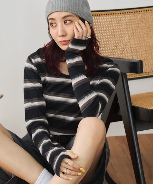Auntie Rosa Holiday(アンティローザホリデー)の「マルチボーダーフィットロングスリーブTEE(Tシャツ/カットソー・レディース・オフホワイト/ブラック・FREE)」の14枚目の写真