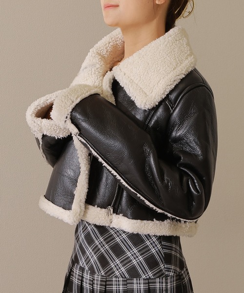 セール】襟 ボア切り替え レザー調 ライダース ジャケット