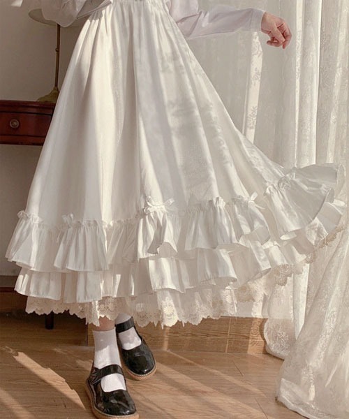 Mayree（メイリー）の「【Mayree】レース切替 リボン ティアード ロングスカート（スカート・レディース・ブラック/ホワイト・SMALL/MEDIUM/LARGE）」の3枚目の写真