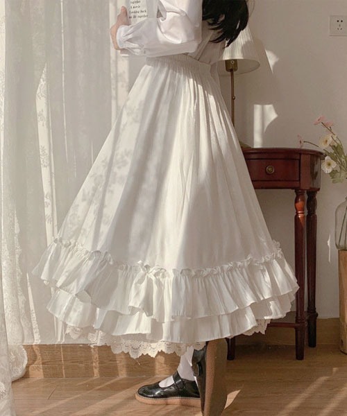 Mayree（メイリー）の「【Mayree】レース切替 リボン ティアード ロングスカート（スカート・レディース・ブラック/ホワイト・SMALL/MEDIUM/LARGE）」の5枚目の写真