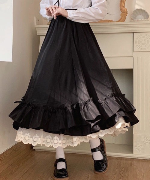 Mayree（メイリー）の「【Mayree】レース切替 リボン ティアード ロングスカート（スカート・レディース・ブラック/ホワイト・SMALL/MEDIUM/LARGE）」の7枚目の写真