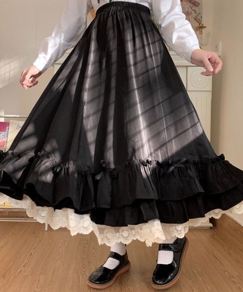 Mayree（メイリー）の「【Mayree】レース切替 リボン ティアード ロングスカート（スカート・レディース・ブラック/ホワイト・SMALL/MEDIUM/LARGE）」の8枚目の写真