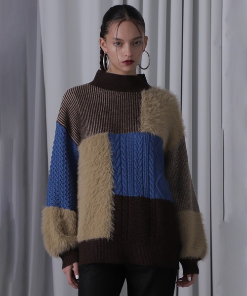 ROSE BUD(ローズバッド)の「ブロッキングニット(ニット/セーター・レディース・ブルー/グリーン/ピンク・ONE SIZE)」の1枚目の写真
