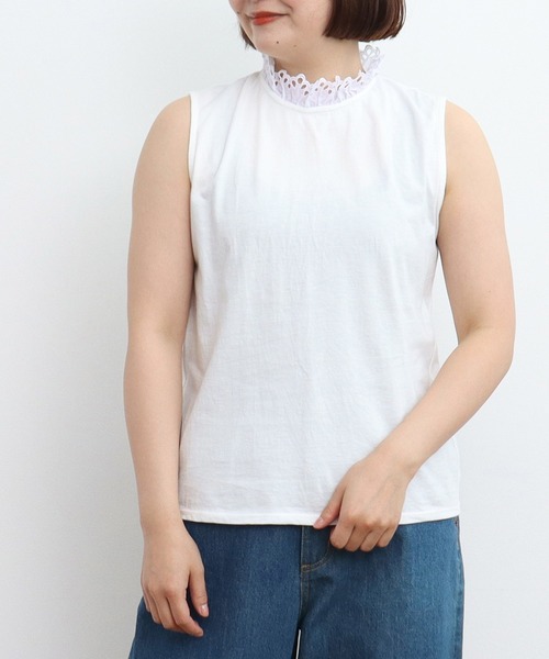 Dot＆Stripes CHILD WOMAN（ドットアンドストライプス　チャイルドウーマン）の「30/-天竺 レース襟ノースリインナー（Tシャツ/カットソー・レディース・ホワイト・FREE）」の5枚目の写真