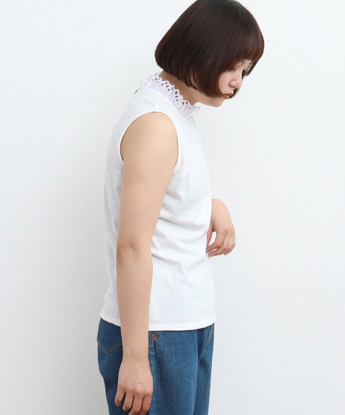 Dot＆Stripes CHILD WOMAN（ドットアンドストライプス　チャイルドウーマン）の「30/-天竺 レース襟ノースリインナー（Tシャツ/カットソー・レディース・ホワイト・FREE）」の6枚目の写真