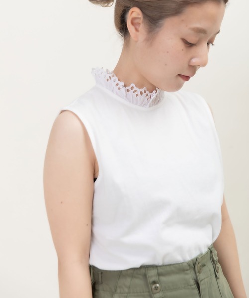 Dot＆Stripes CHILD WOMAN（ドットアンドストライプス　チャイルドウーマン）の「30/-天竺 レース襟ノースリインナー（Tシャツ/カットソー・レディース・ホワイト・FREE）」の12枚目の写真